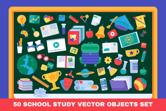 School Study Set: 50 Flat Vector Icons for Education